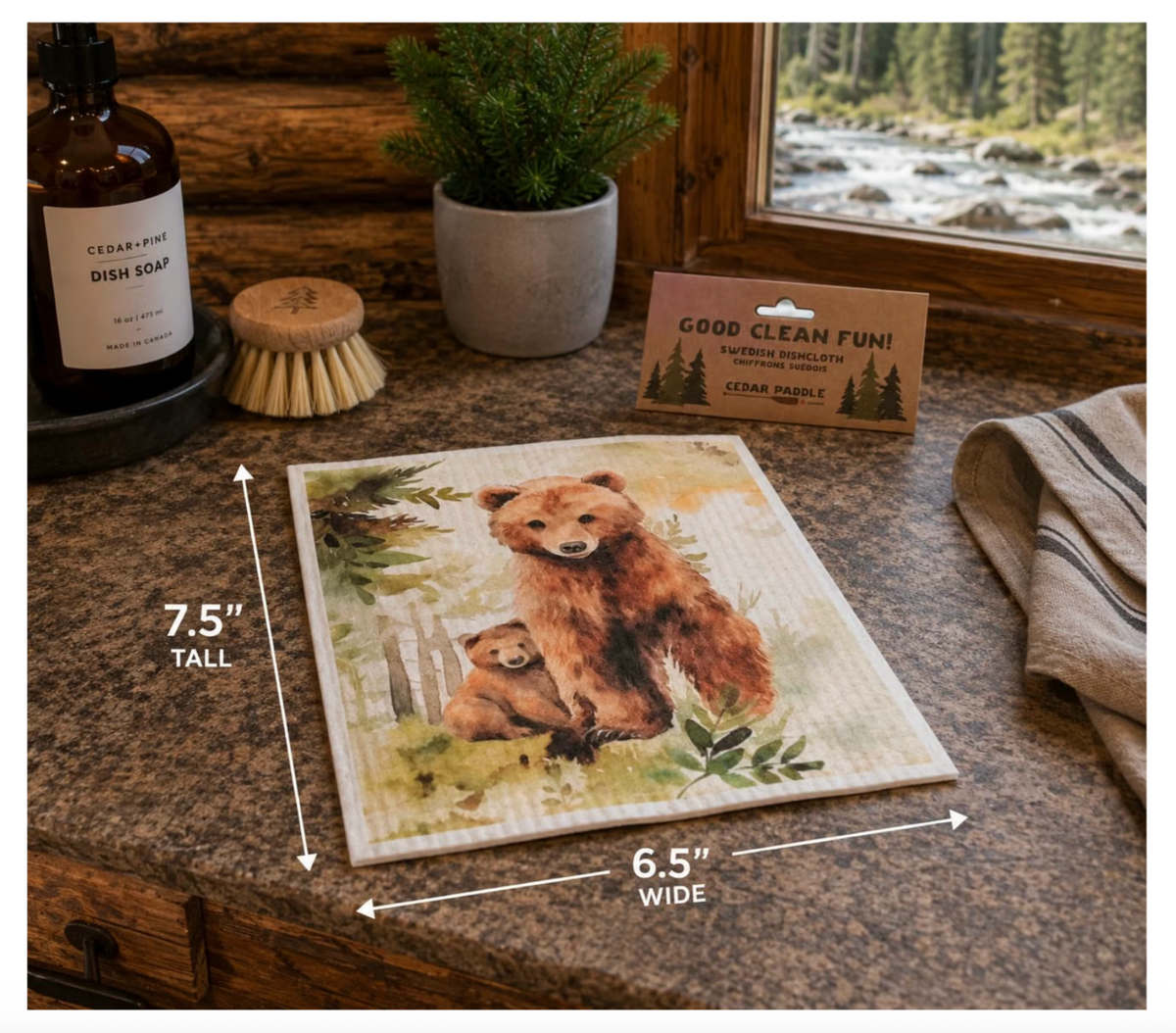 Cedar Paddle Swedish Dish Cloth Mama and Baby Bear