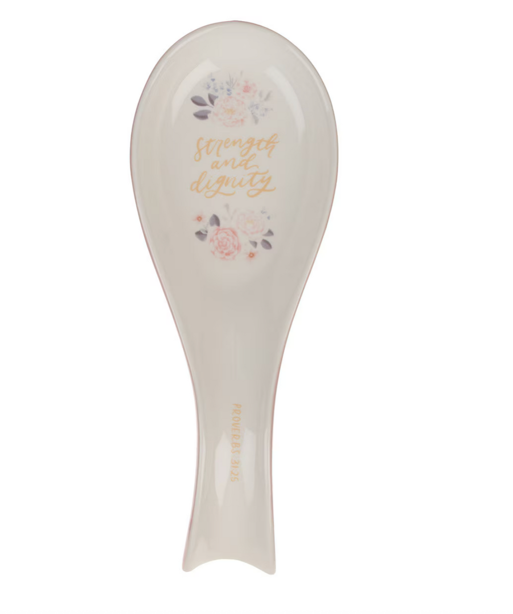 Christian Art Gifts Spoon Rest Strength and Dignity Pink Floral Ceramic (Proverbs 31:25)