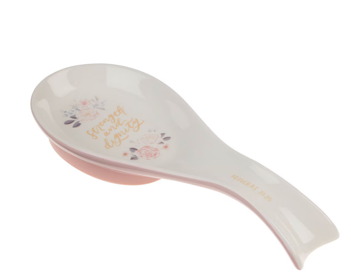 Christian Art Gifts Spoon Rest Strength and Dignity Pink Floral Ceramic (Proverbs 31:25)