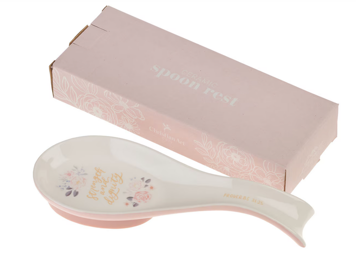 Christian Art Gifts Spoon Rest Strength and Dignity Pink Floral Ceramic (Proverbs 31:25)